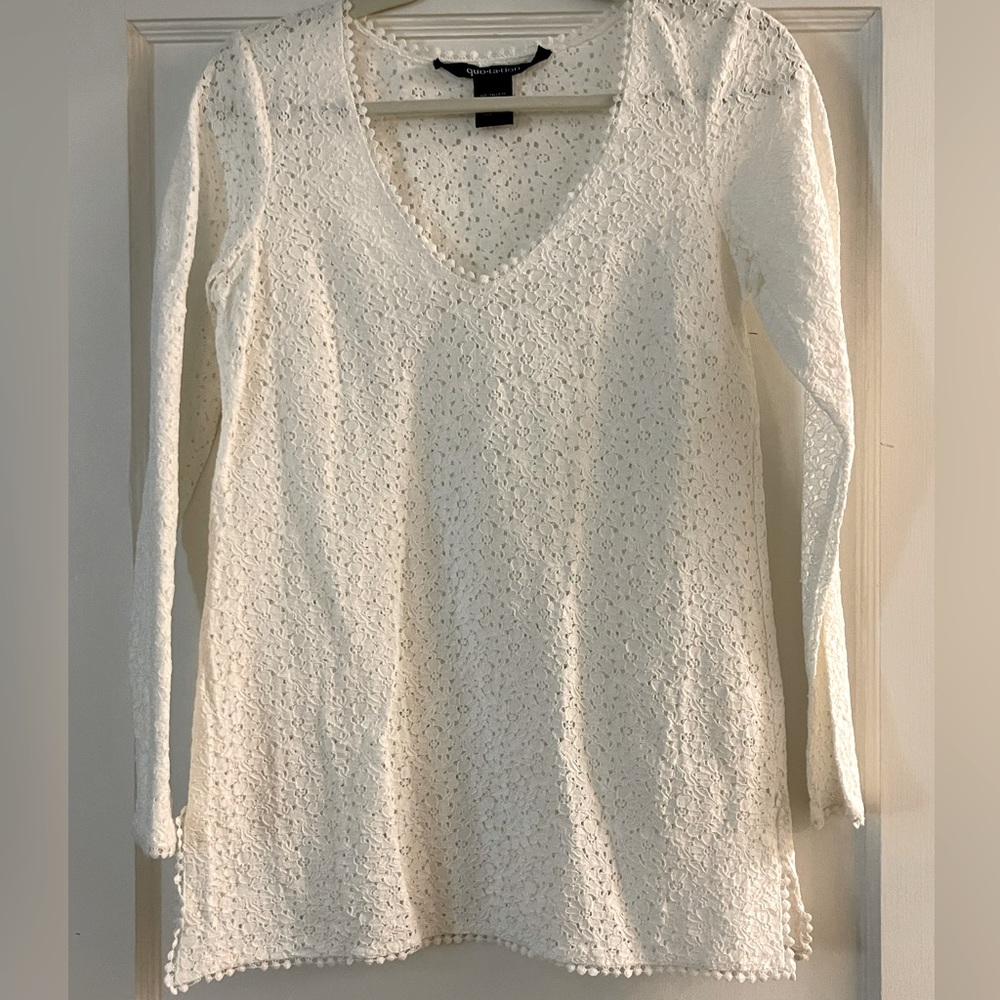 Quotation -White Eyelet 3/4 Sleeve V-Neck Tunic PullOver Side Slit Size Small